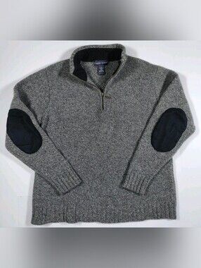 Vintage Garret Scott Heathered Gray 100% Wool Quarter Zip Size XL Elbow Pads